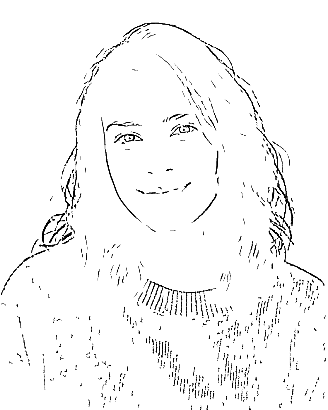 Portrait converted to a fine line drawing with hair strands and facial detail